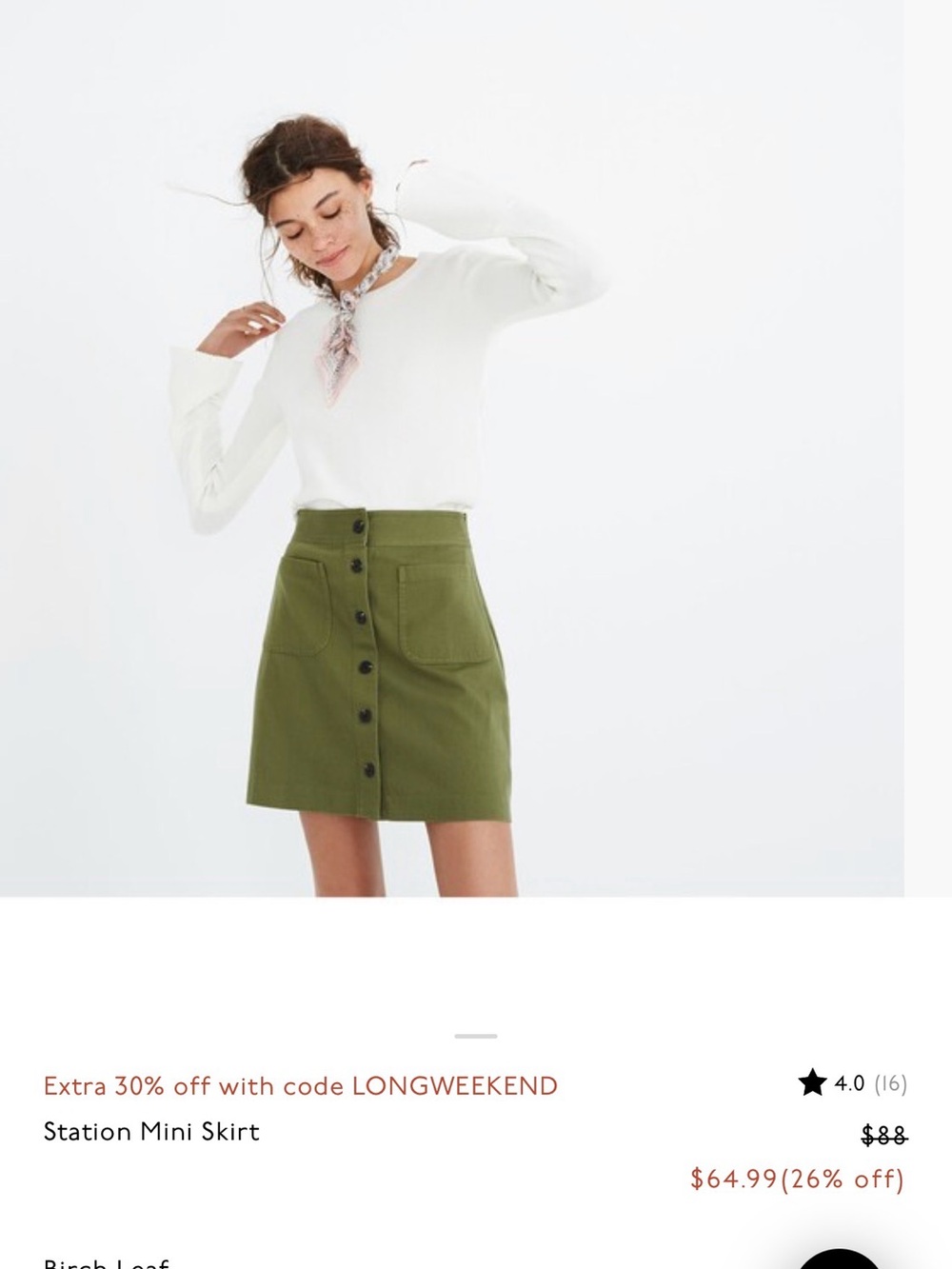 Madewell Olive Green Button-Front Mini Skirt